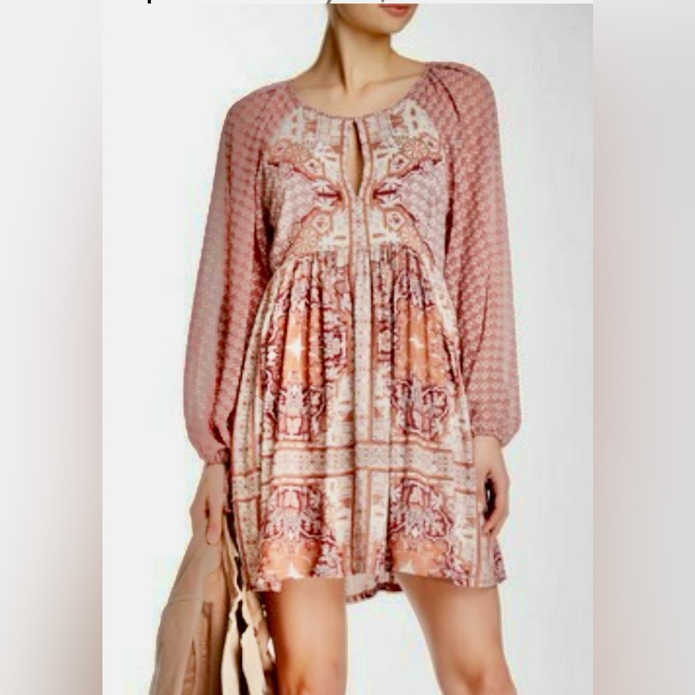 Free People Oksana Babydoll Peasant Dress w Long Puff Sleeves Geo Floral Print